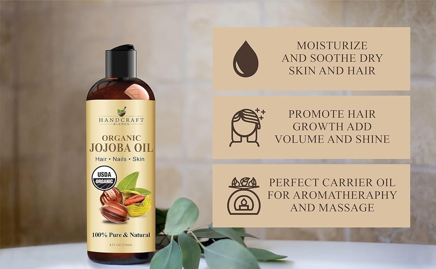 Handcraft Blends USDA Organic Jojoba Oil | Cold-Pressed | 8 Fl Oz | 100% Pure &