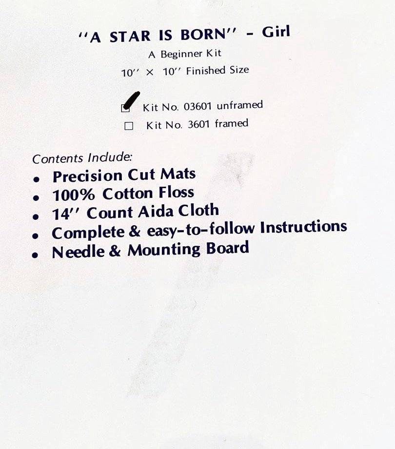 SEALED 1984 Concepts A Star is Born Girl Beginners Stitch Kit Unframed 10 x 10″