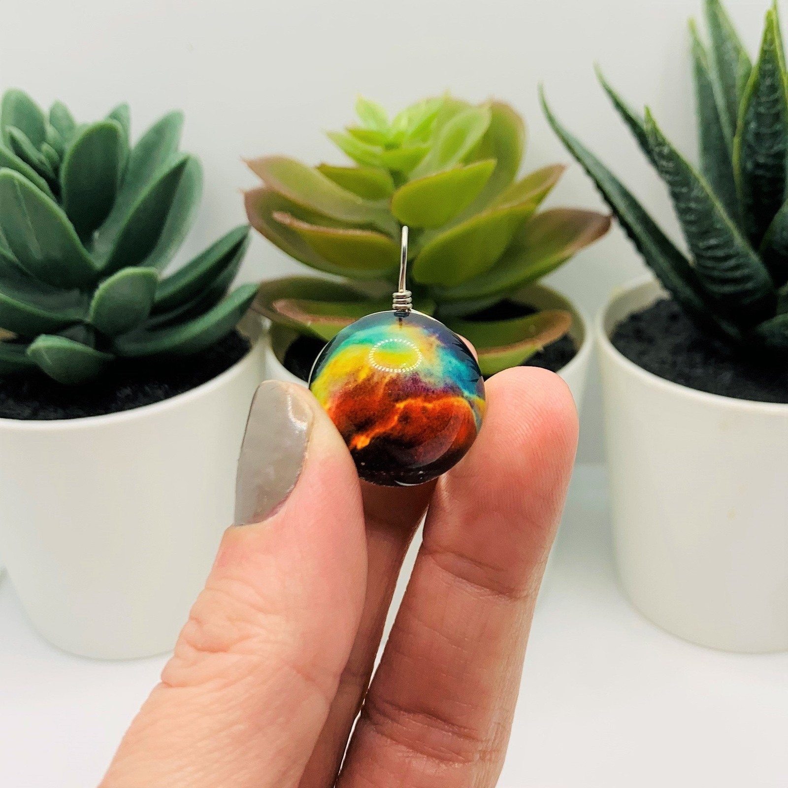 Wire Wrapped Glass Galaxy Red and Yellow Nebula Pendant Charms, 28x20mm – US