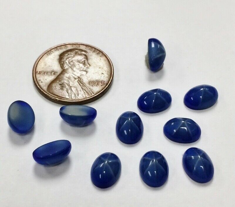 12 VINTAGE COBALT BLUE STAR SAPPHIRE GLASS 8x6mm OVAL SMOOTH DOMED CABOCHON E464