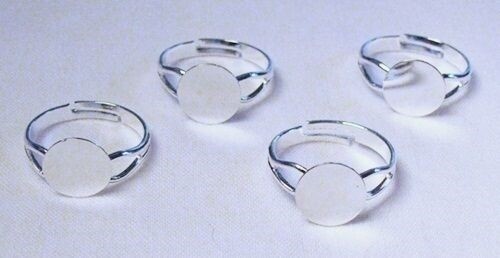 10 SILVER PLATED Adjustable RING BLANKS 10mm pad ~ No Nickel ~ Glue-on Beads etc