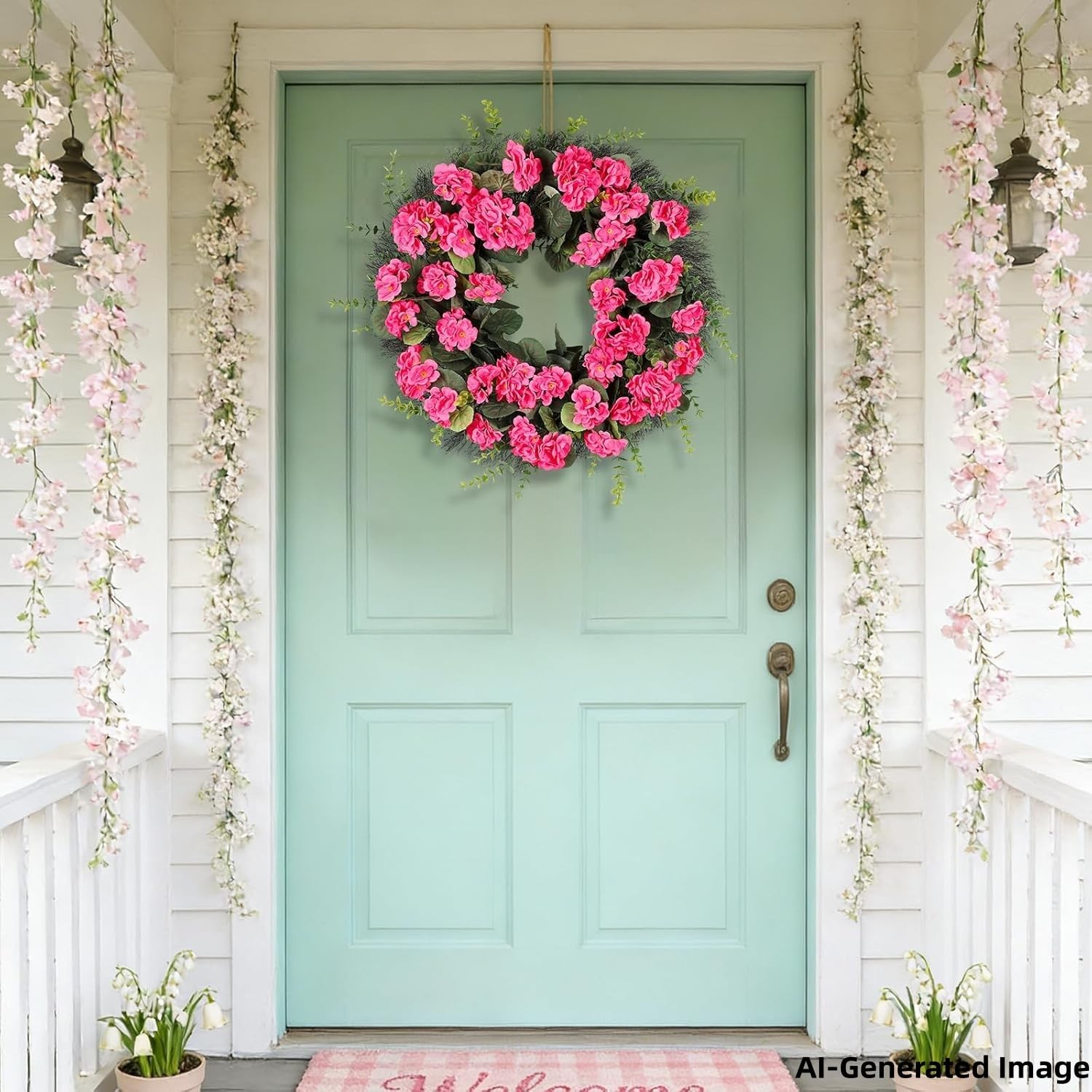 Kuimen Rose Red Artificial Geranium Wreath 22 Inch Spring Summer Wreaths For