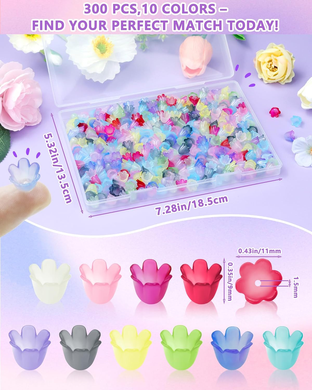 300PCS Acrylic Lily Bell Flower Bead Caps, 10 Colors Trumpet Floral Beads Charms