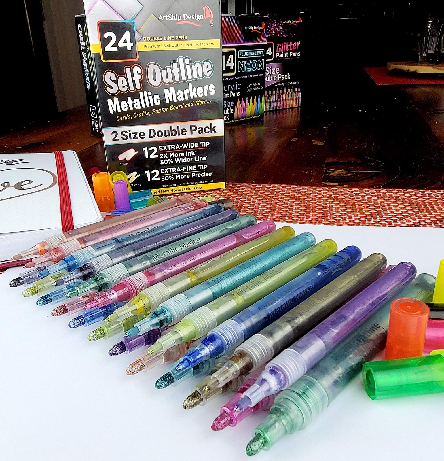 24 Metallic Self-Outline Markers – Extra Fine & Medium Tip Paint Pens for DIY Cr