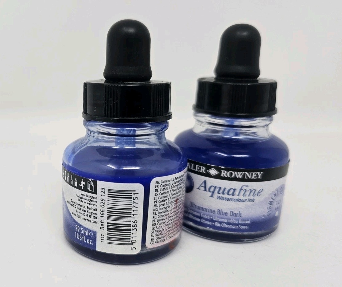 Daler Rowney Aquafine Watercolor Ink Ultramarine Blue Dark Lot Of 2 Bottles