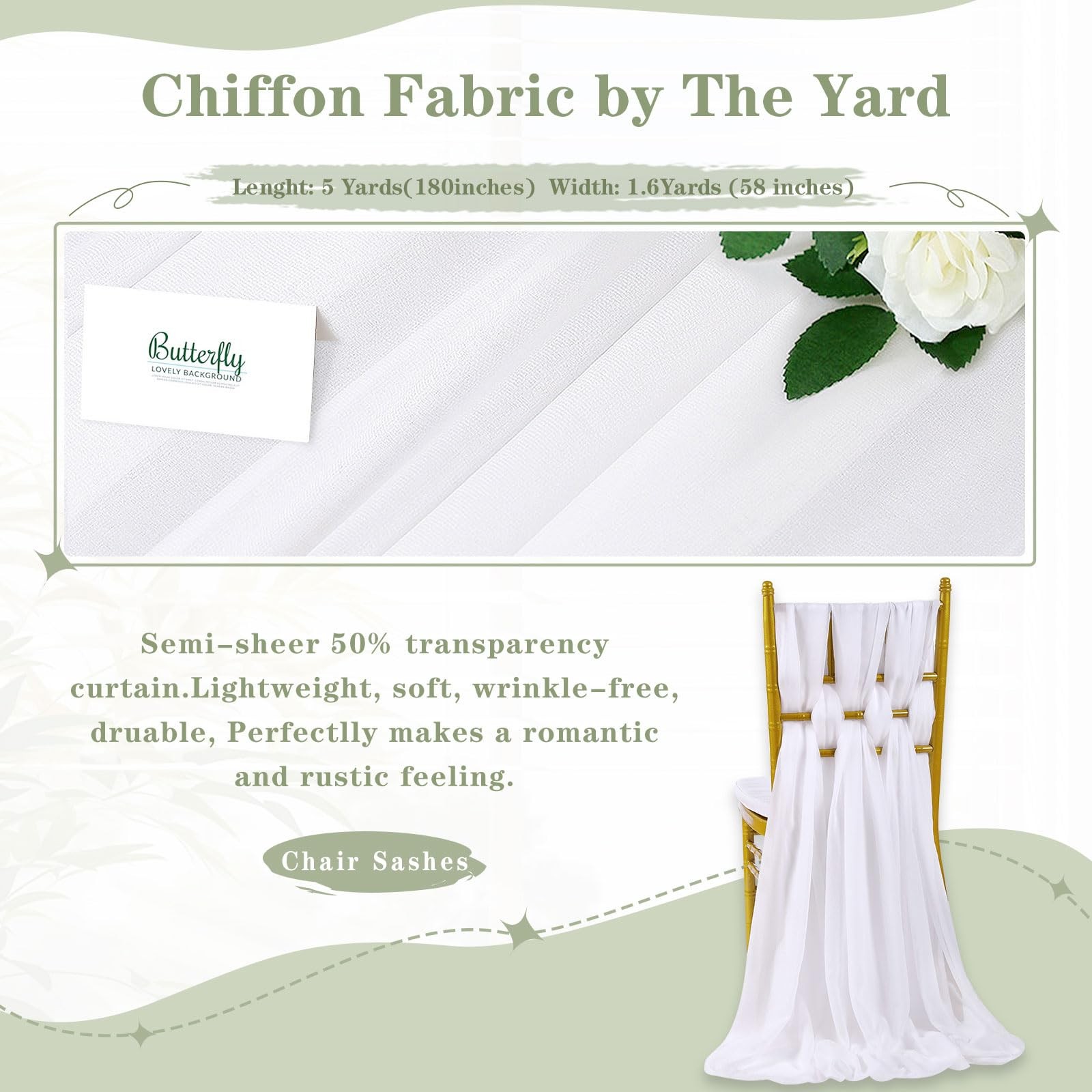 5 Yards White Chiffon Sheer Fabric 58 Inch Wedding Draping Skirt Backdrop