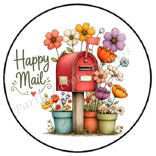 WHIMSICAL HAPPY MAIL MAILBOX FLOWERS ENVELOPE SEALS LABELS STICKERS PARTY FAVORS