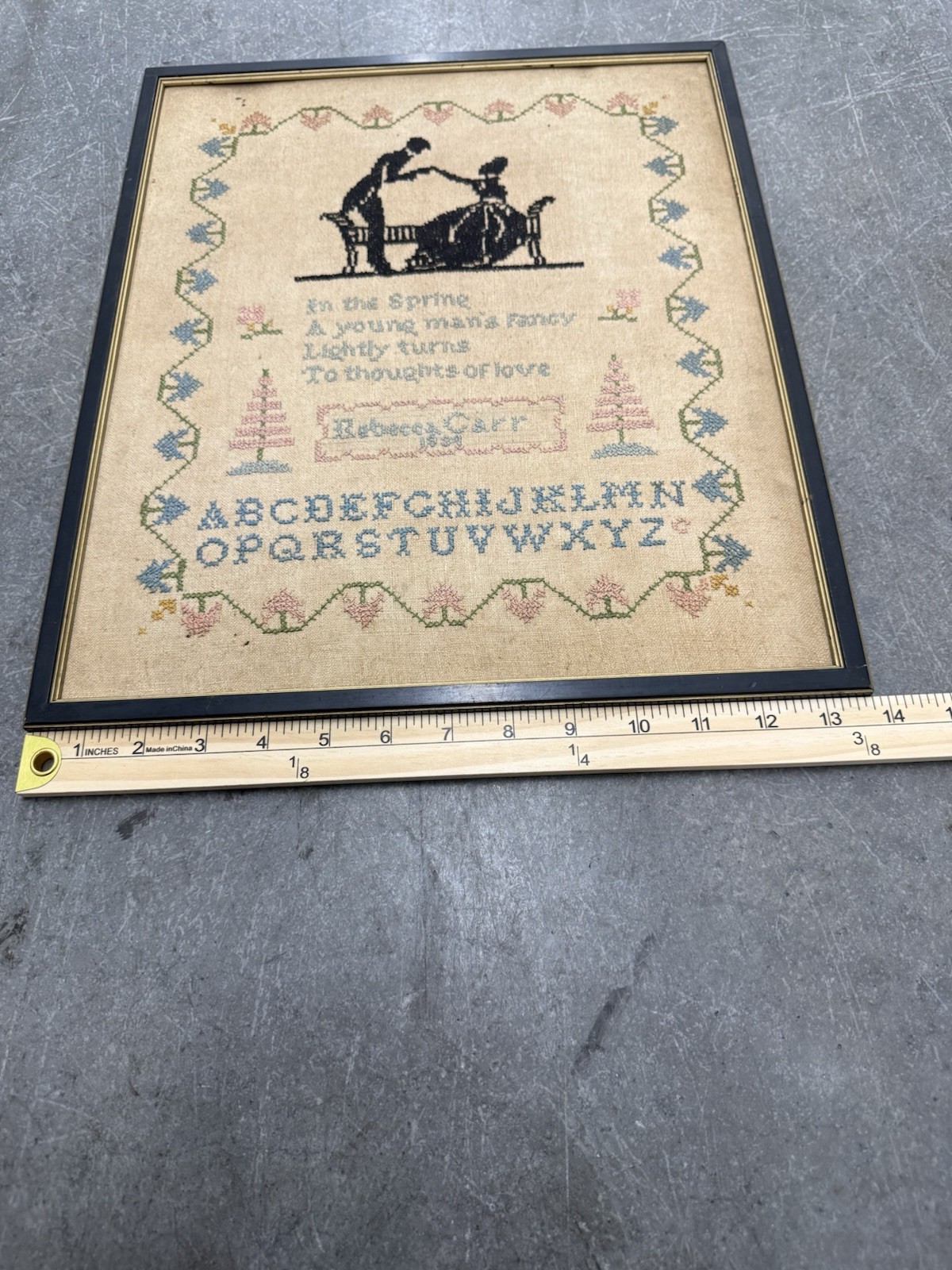 Antique 1928 Needlework Sampler In The Spring Love Poem Silhouette Jordan Marsh