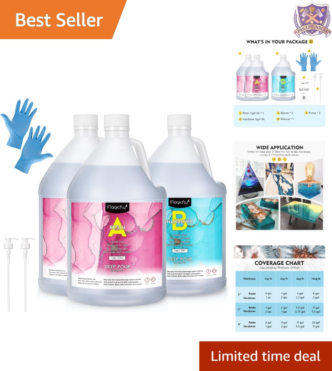 Deep Pour Epoxy Resin 3 Gallon Kit with Pump 2-4″ Depths for Art Projects