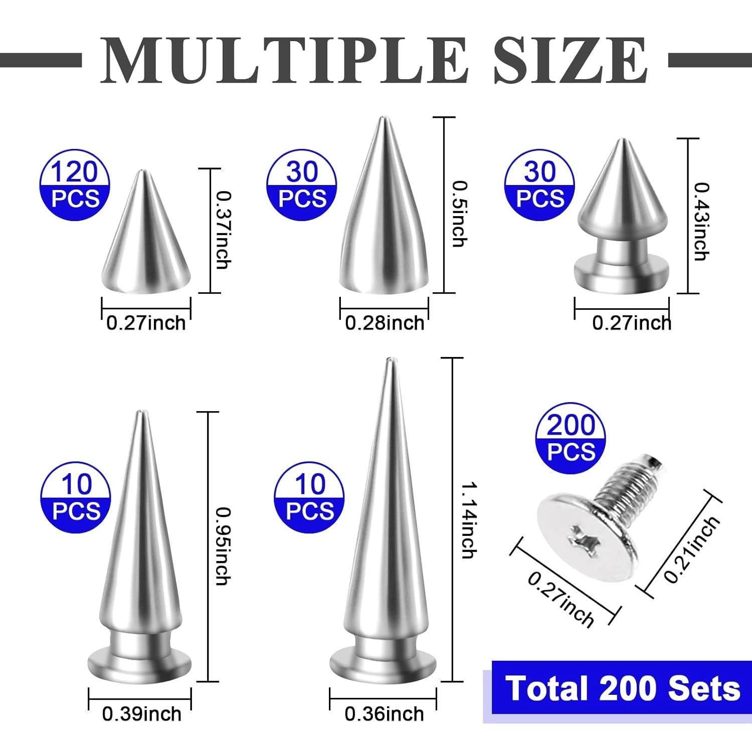200 Sets Silver Cone Spikes Assorted Sizes Screw Back Studs Punk Rock Rivets