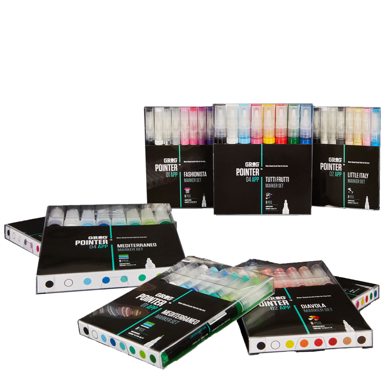 Grog Aqua Paint Mixed Marker 8 Pack – Multi Colour/Size Pointer Art Bundle Set