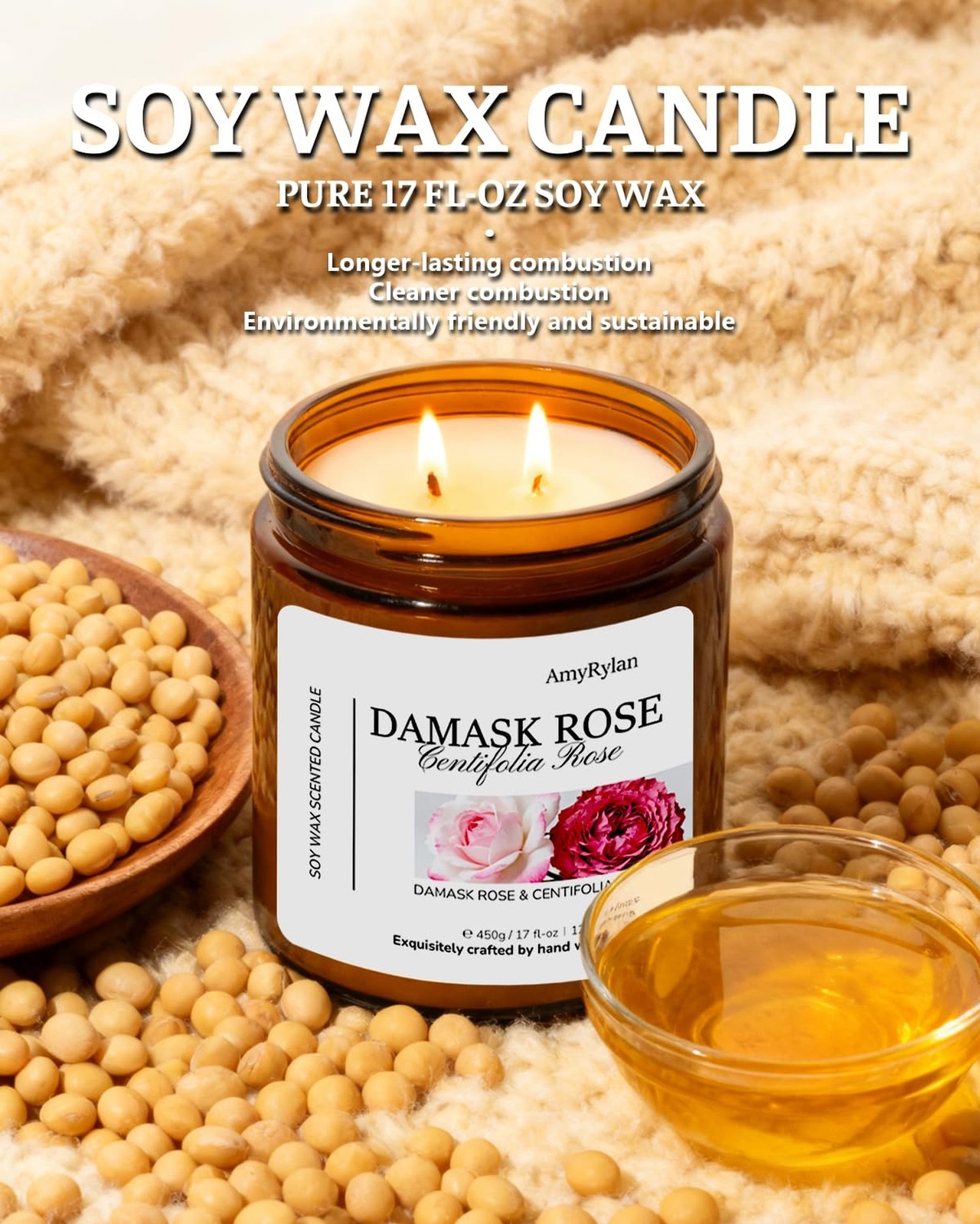 2 Wicks 17oz Large Non-Toxic Soy Wax Scented Candle, Damask Rose&Centifolia R…