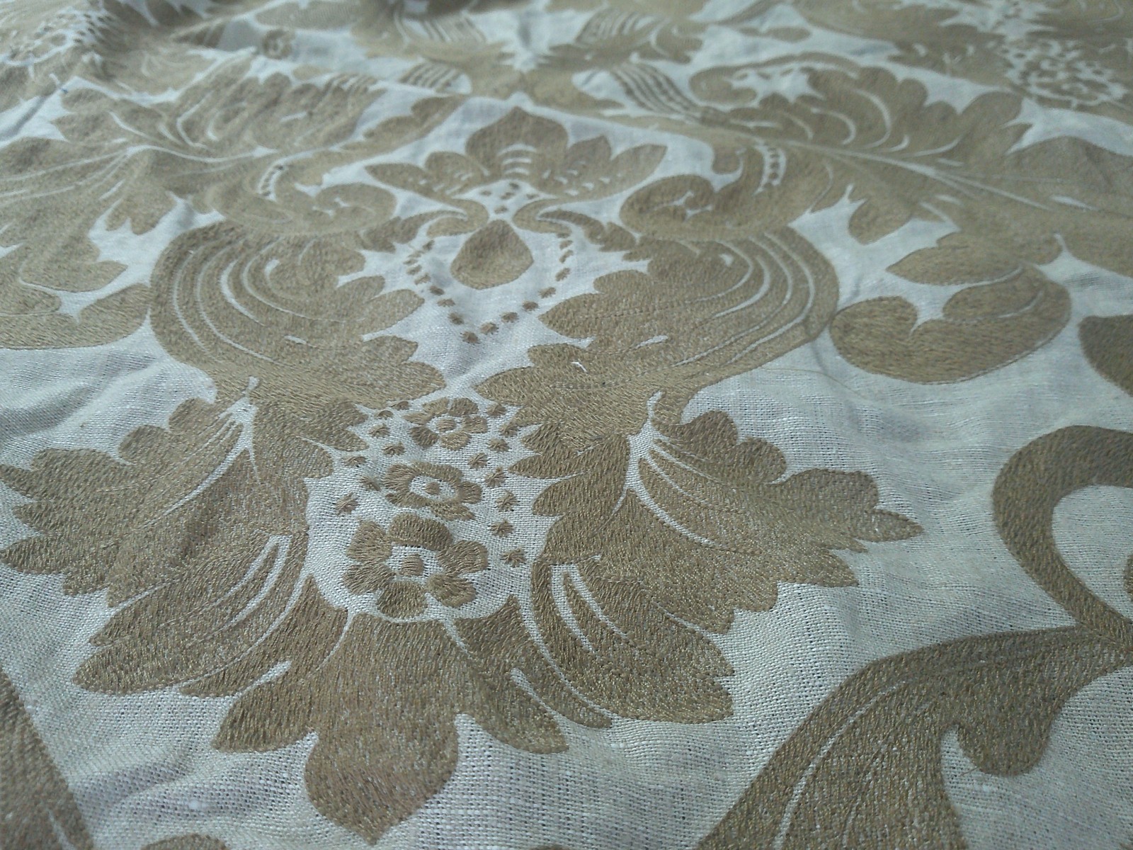 Parisian Embroidered Linen Baroque Large Scale Discontinued Vervain Creme/Toffee
