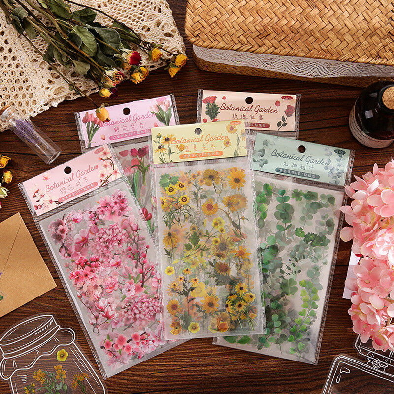 6Pcs Natural Journal Stickers PET Sticker Paper Scrapbooking Material Scrapbook