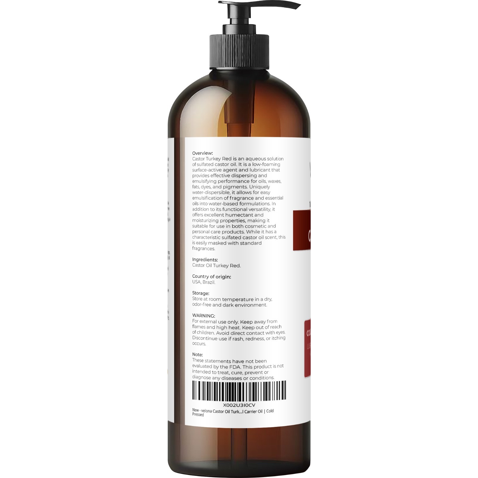 Castor Oil Turkey Red Oil by Velona – 2 Fl Oz – 7 lb, Natural, Cold Pressed