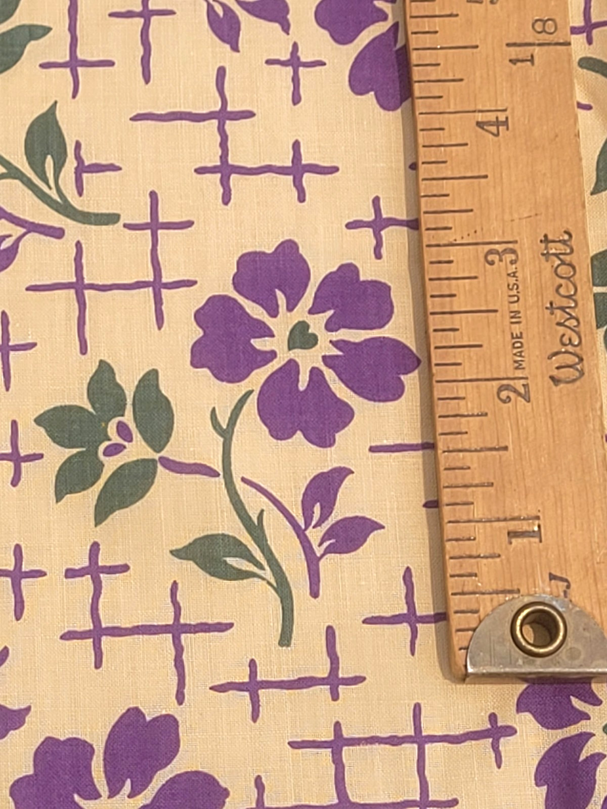 3.5 yds VTG Purple Flowers Green Trellis Tan Cotton Blend Fabric 35″ Wide