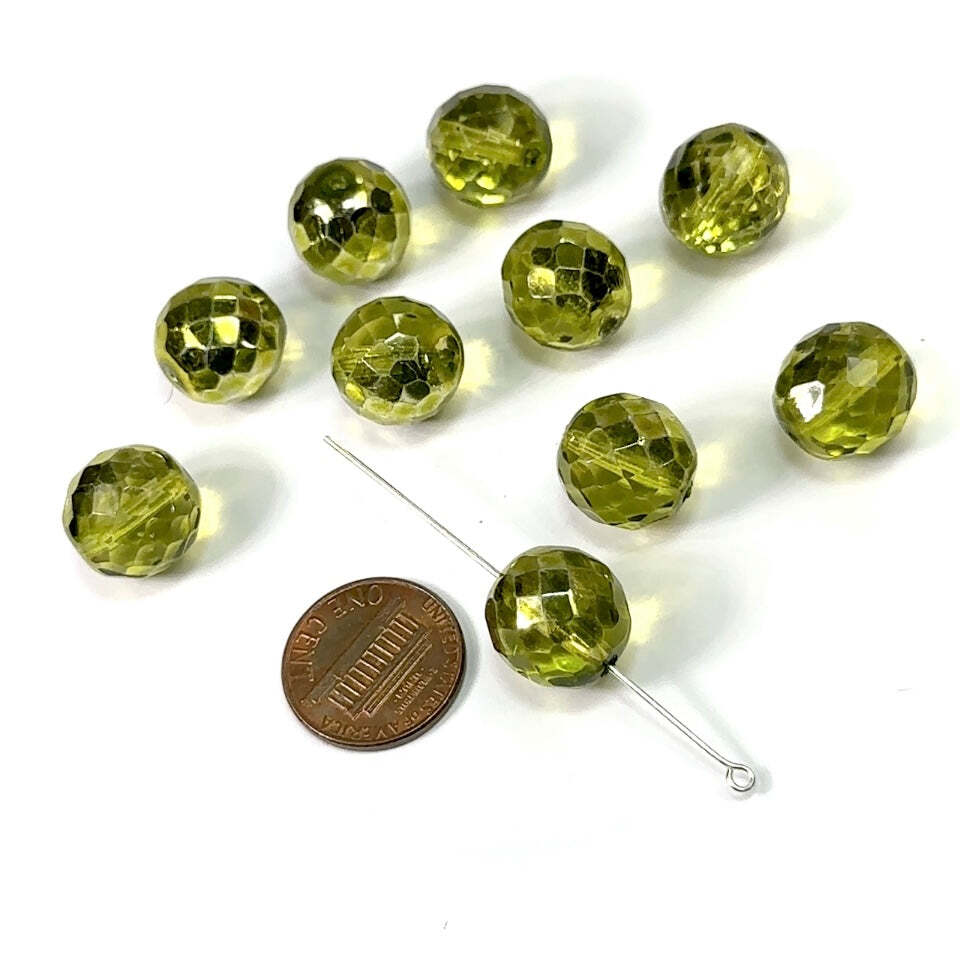 Olivine Green Silver coated Czech Fire Polished Round Faceted Gls Beads 14mm 10p