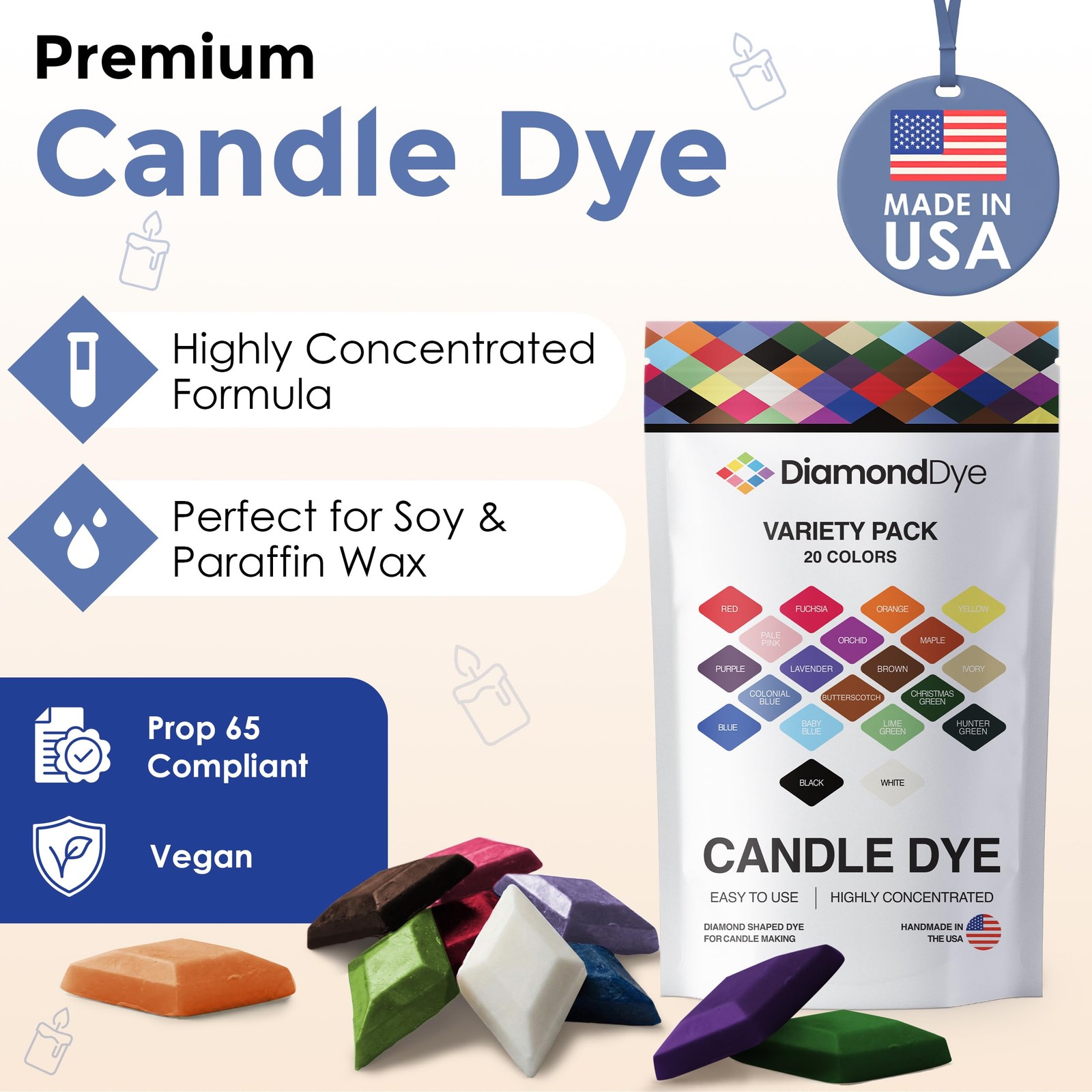 Candle Dye Chips Variety Pack, 20 Colors, Soy & Paraffin Wax Candle Making