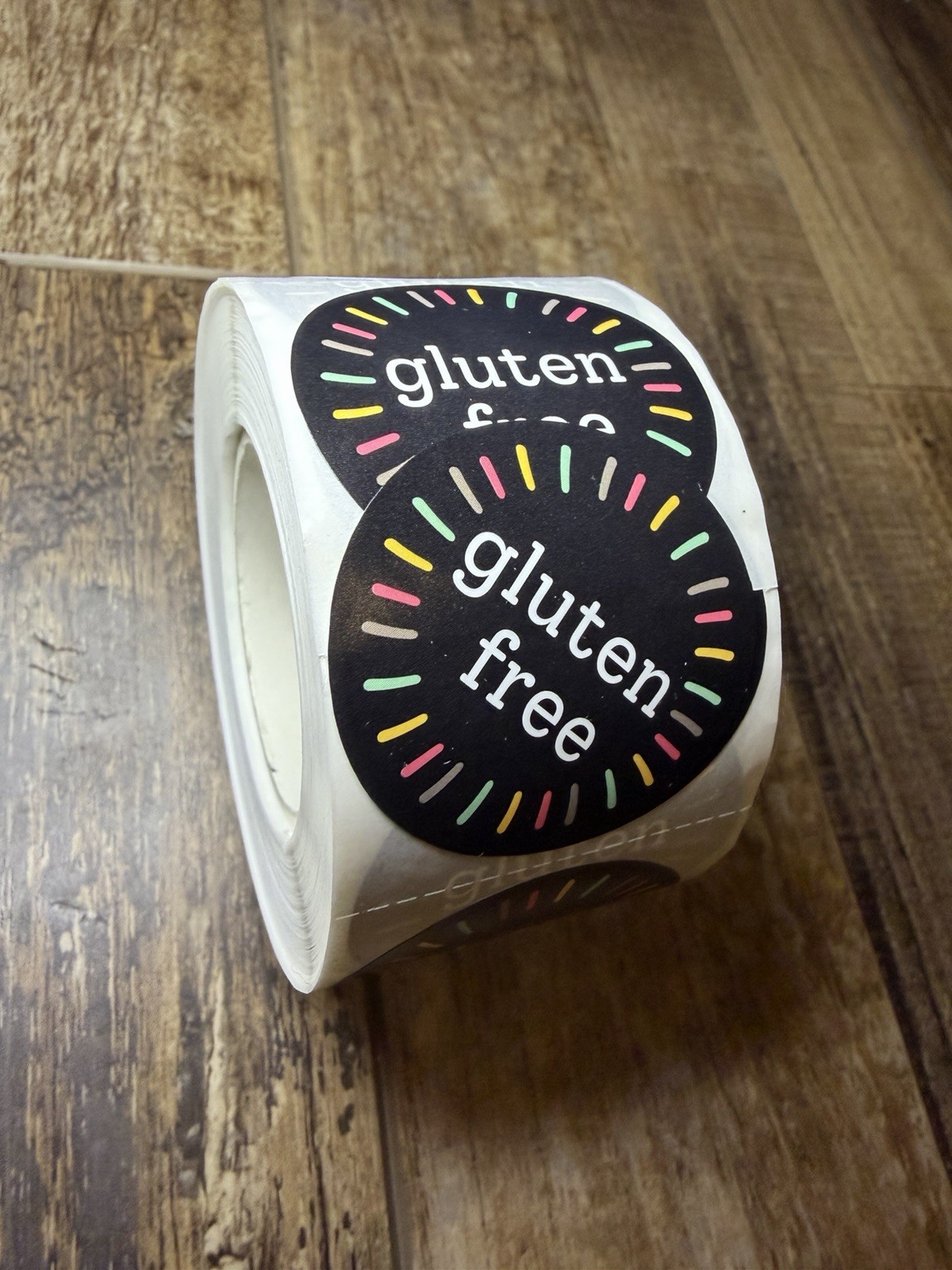 Gluten Free Round Sticker Labels Roll Black Multicolor Food Packaging Approx 200