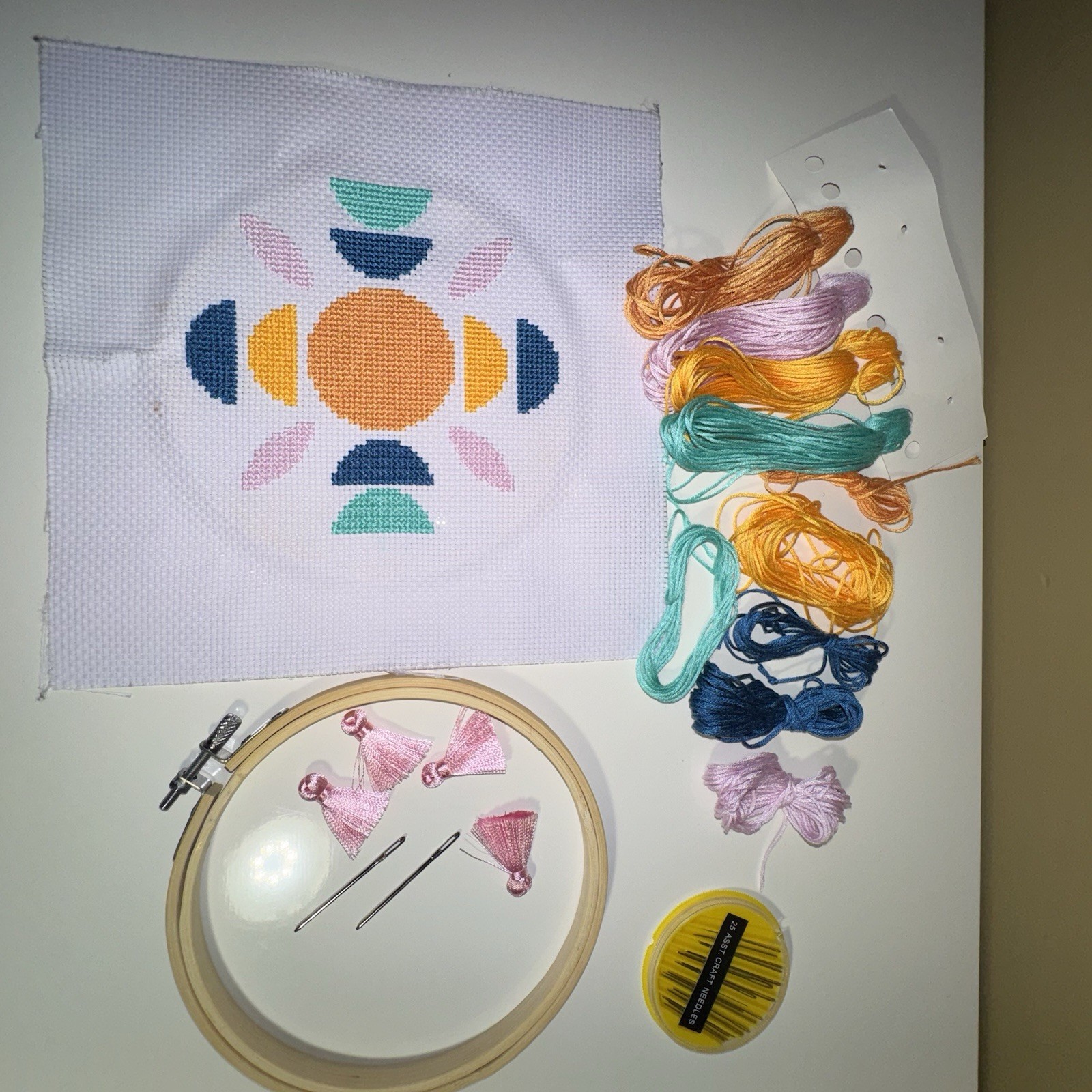Hand Made Modern, Geo Cross Stitch Kit – Started – Extra Thread & needles