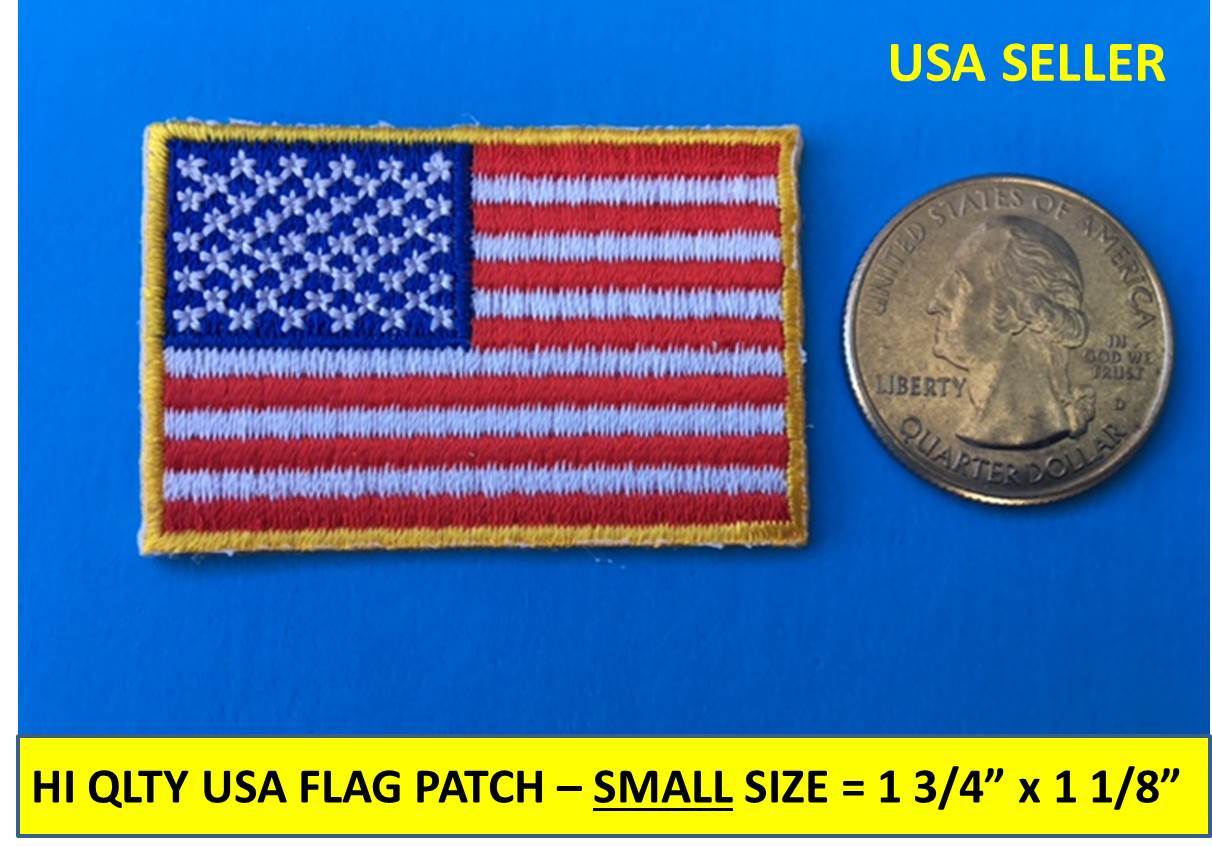 SMALL USA AMERICAN FLAG EMBROIDERED PATCH IRON-ON SEW-ON GOLD BORDER 1¾” x 1⅛”