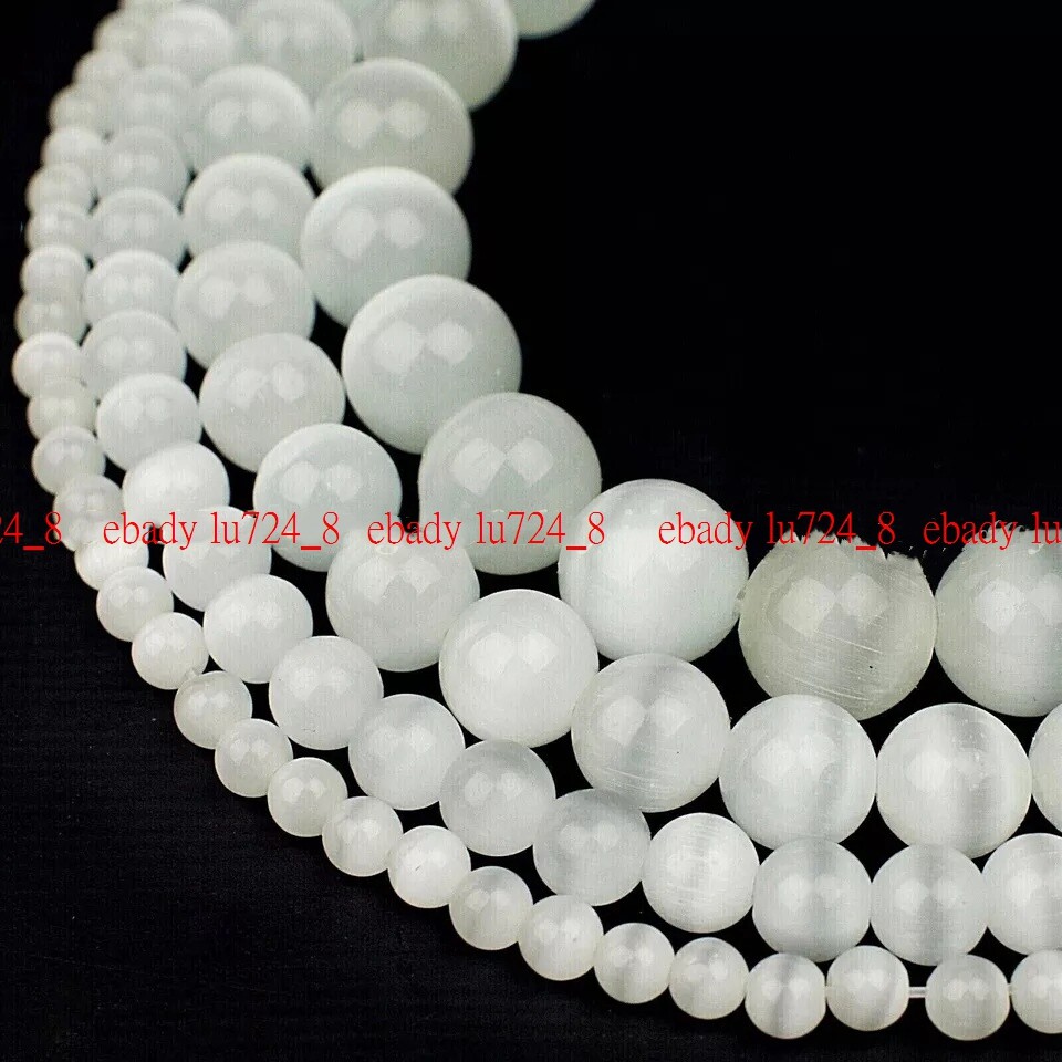Beautiful 6mm 8mm 10mm 12mm White Cat’s Eye Round Gemstone Loose Beads 15″