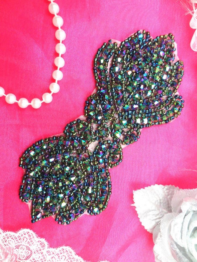 Peacock Aurora Borealis Designer Glass Beaded Applique JB67 Hot Fix