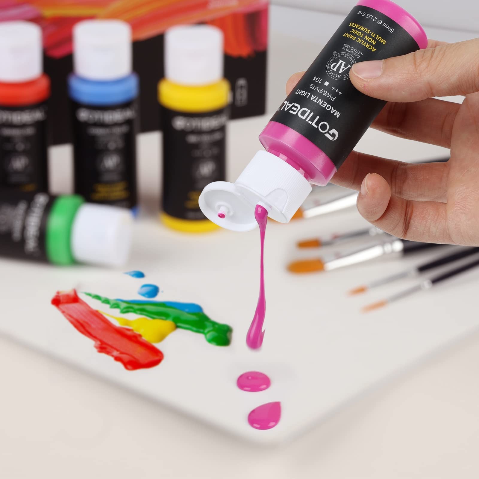 GOTIDEAL Acrylic Paint Set with 10 Brushes, 2 Fl Oz (Pack of 18), 18 Colors