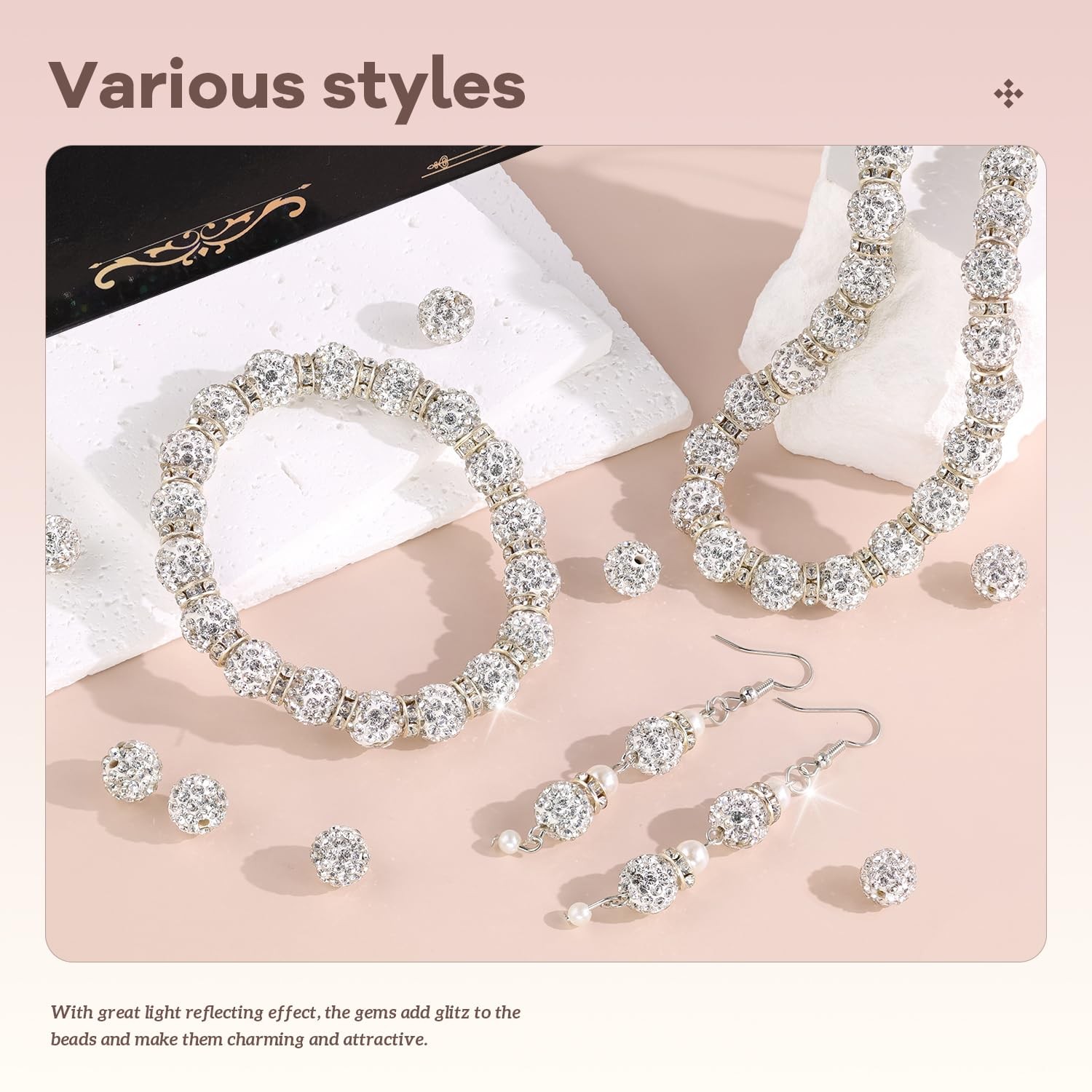 105pcs 10mm Rhinestone Beads for Jewelry Making, White Shiny Round Disco…