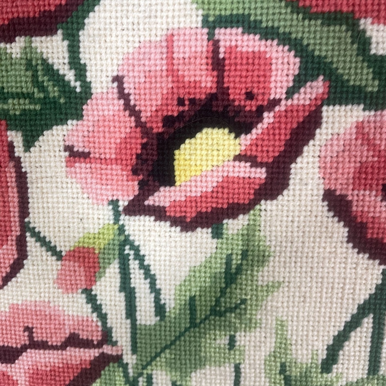 Vintage Framed Needlepoint Red and Yellow Poppy Flowers Textile Wall Art Padded