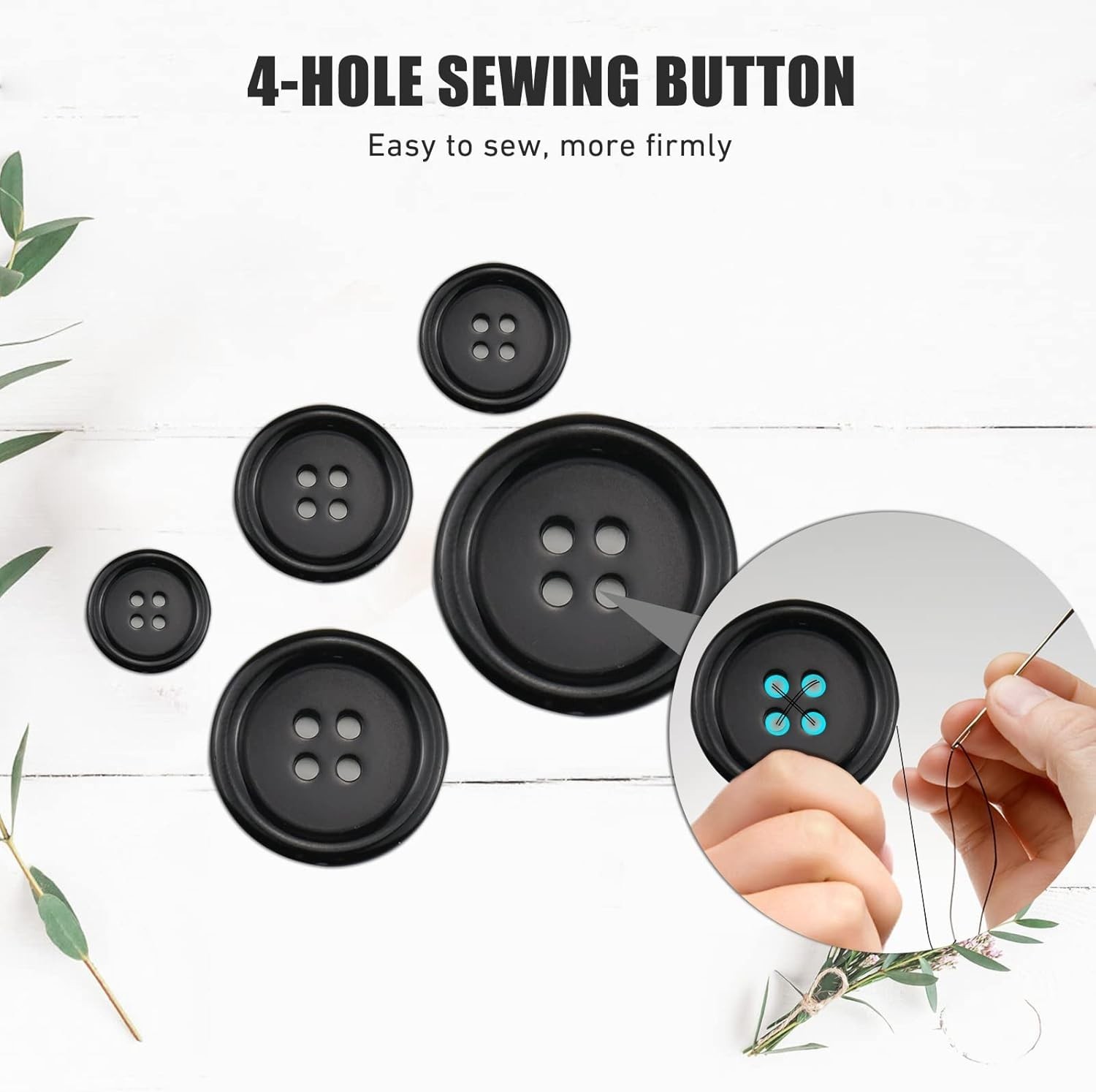 100 Pcs Eco-Friendly Black Resin 4-Hole Sewing Buttons, 5 Sizes, Organizing Box
