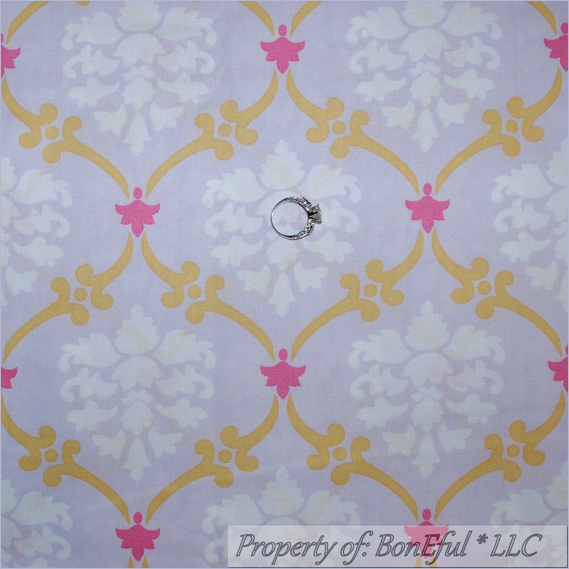 BonEful Fabric FQ Cotton Quilt Pastel Purple White Pink Gold Flower Damask Toile