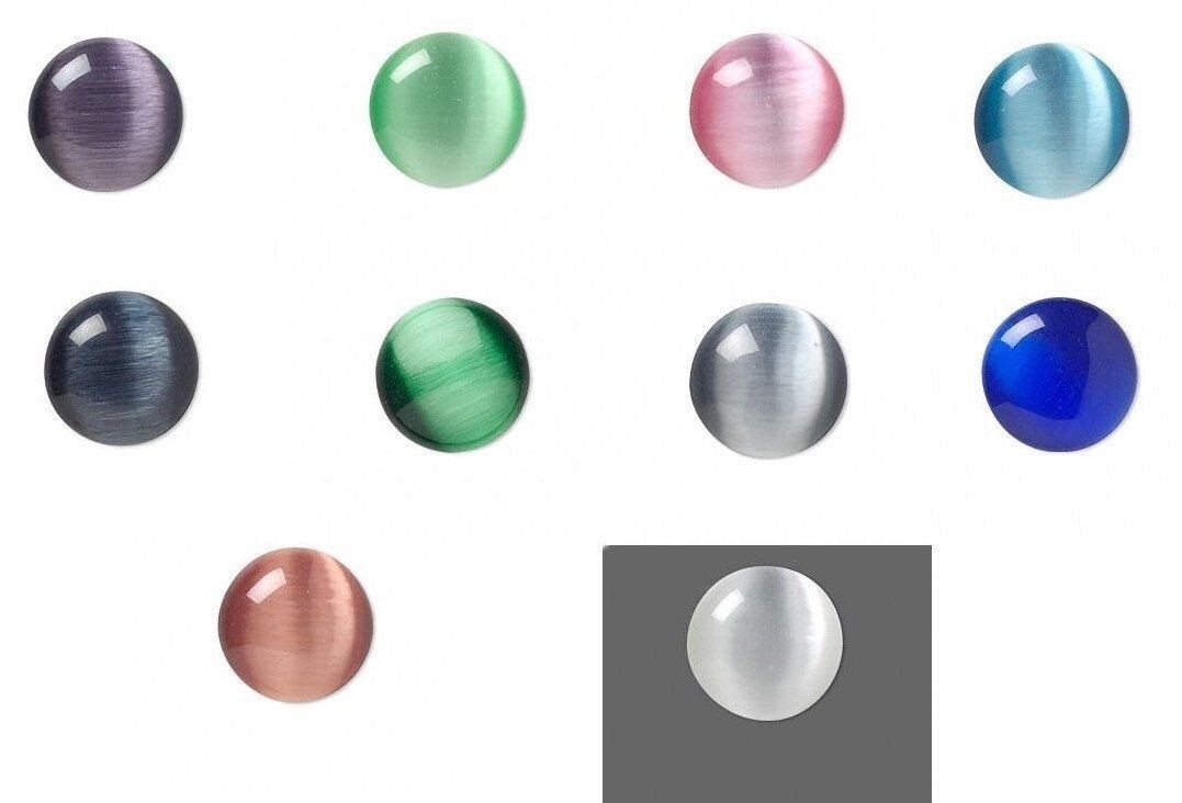 Cabochon, Cat’s Eye Glass Fiber Optic Flat Back 10mm to 20mm Calibrated Rounds