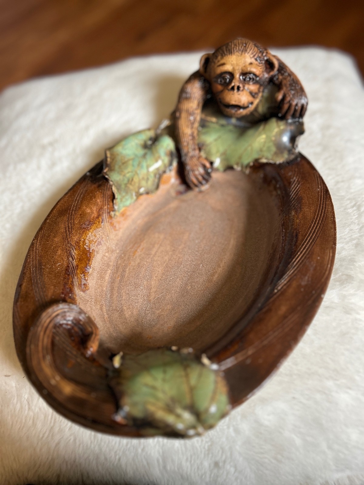 Fired Fantasies Ceramic Monkey Dish with Leaf Accents