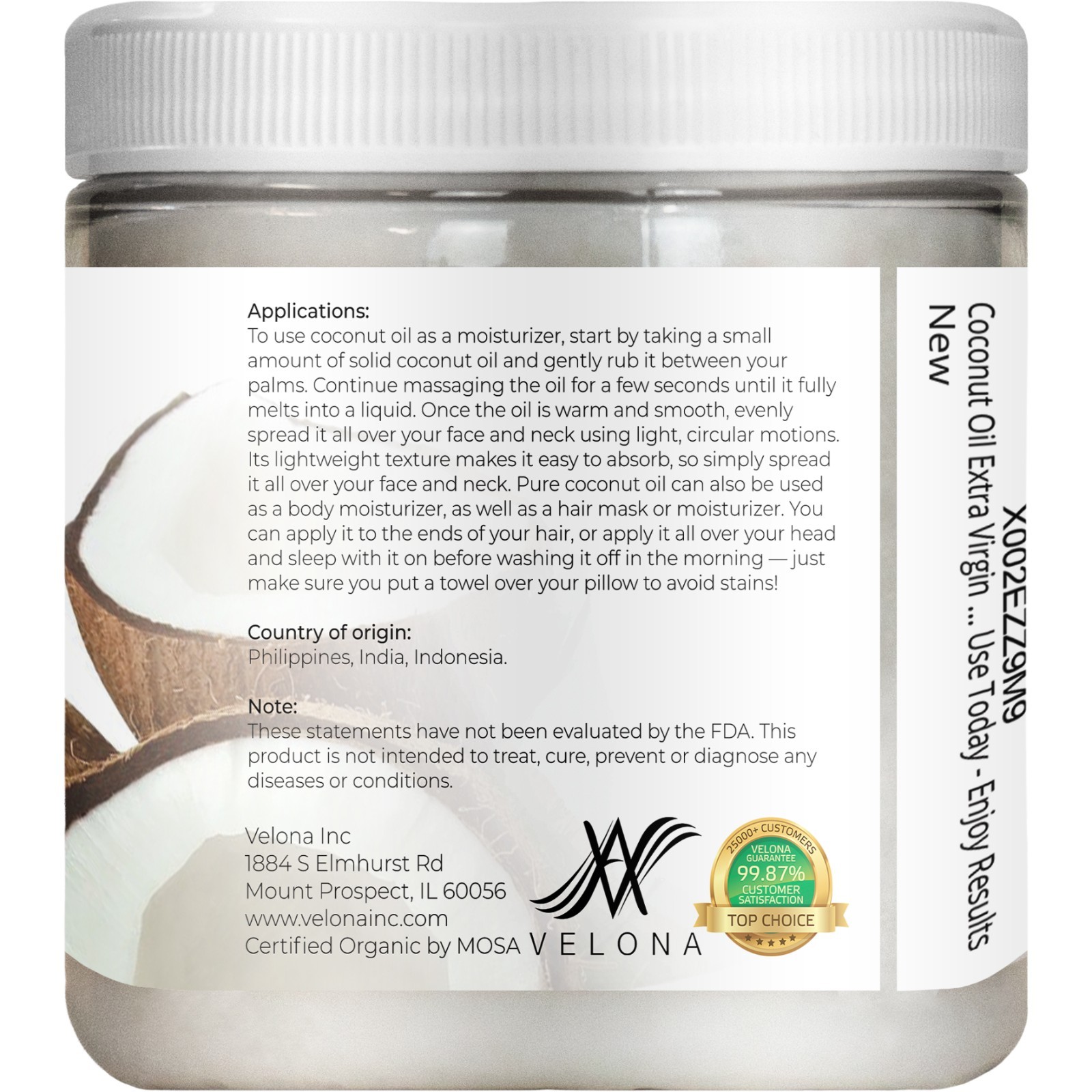 Velona USDA Certified Organic Coconut Oil Extra Virgin 2oz – 7lb Cold Pressed