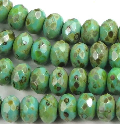 25 Czech Glass Gemstone Cut Faceted Rondelle 7x5mm: Turqouise Picasso