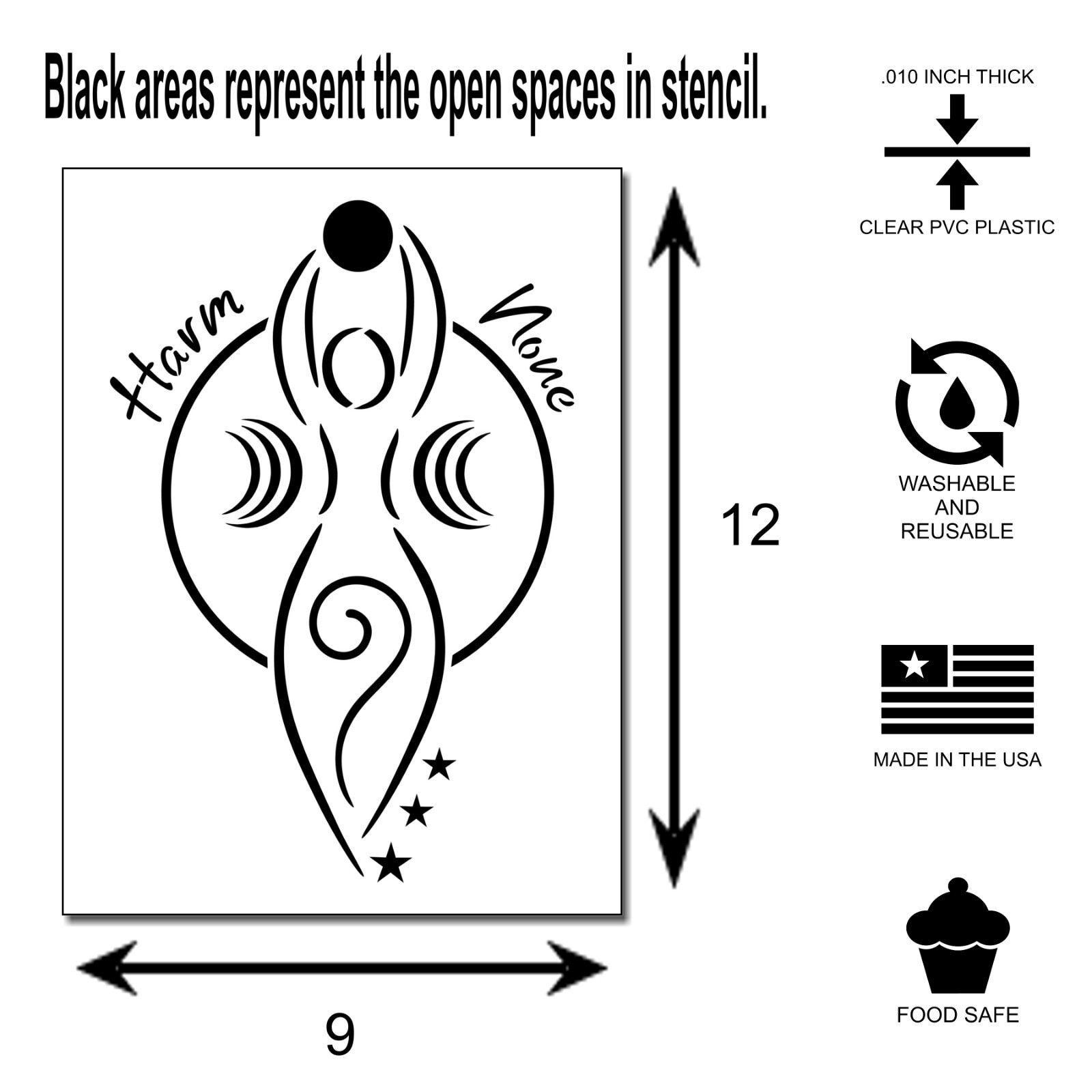 Wiccan Spiral Goddess with moons, Reads: “Harm None” reusable craft STENCIL