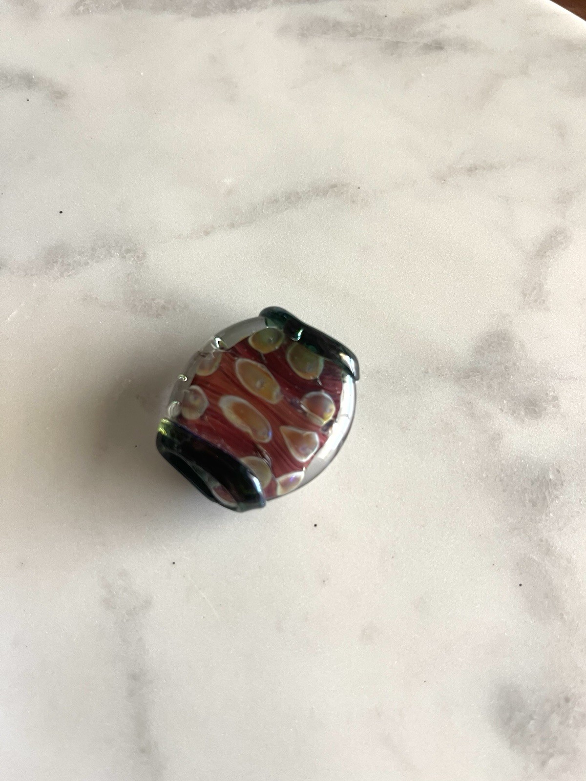 Large Artisan Lampwork Glass Barrel Focal Bead Encased Red Ivory Green Handmade