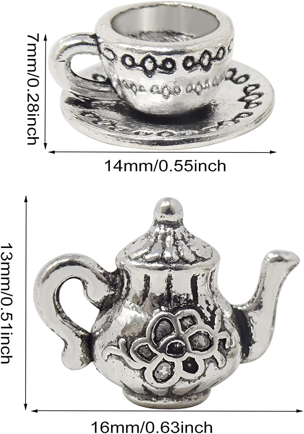Teacup Charm Antiqued Silver Tea Time Teapot Pendant Set Wonderland jewelry
