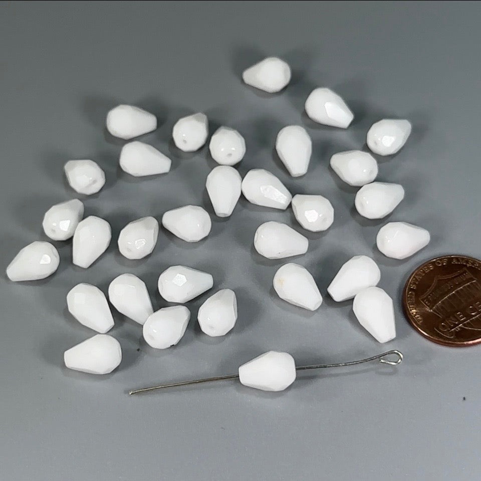 Czech Glass Pear Shaped Fire Polished Beads 10x7mm ChalkWhite Tear Drops, 30pcs