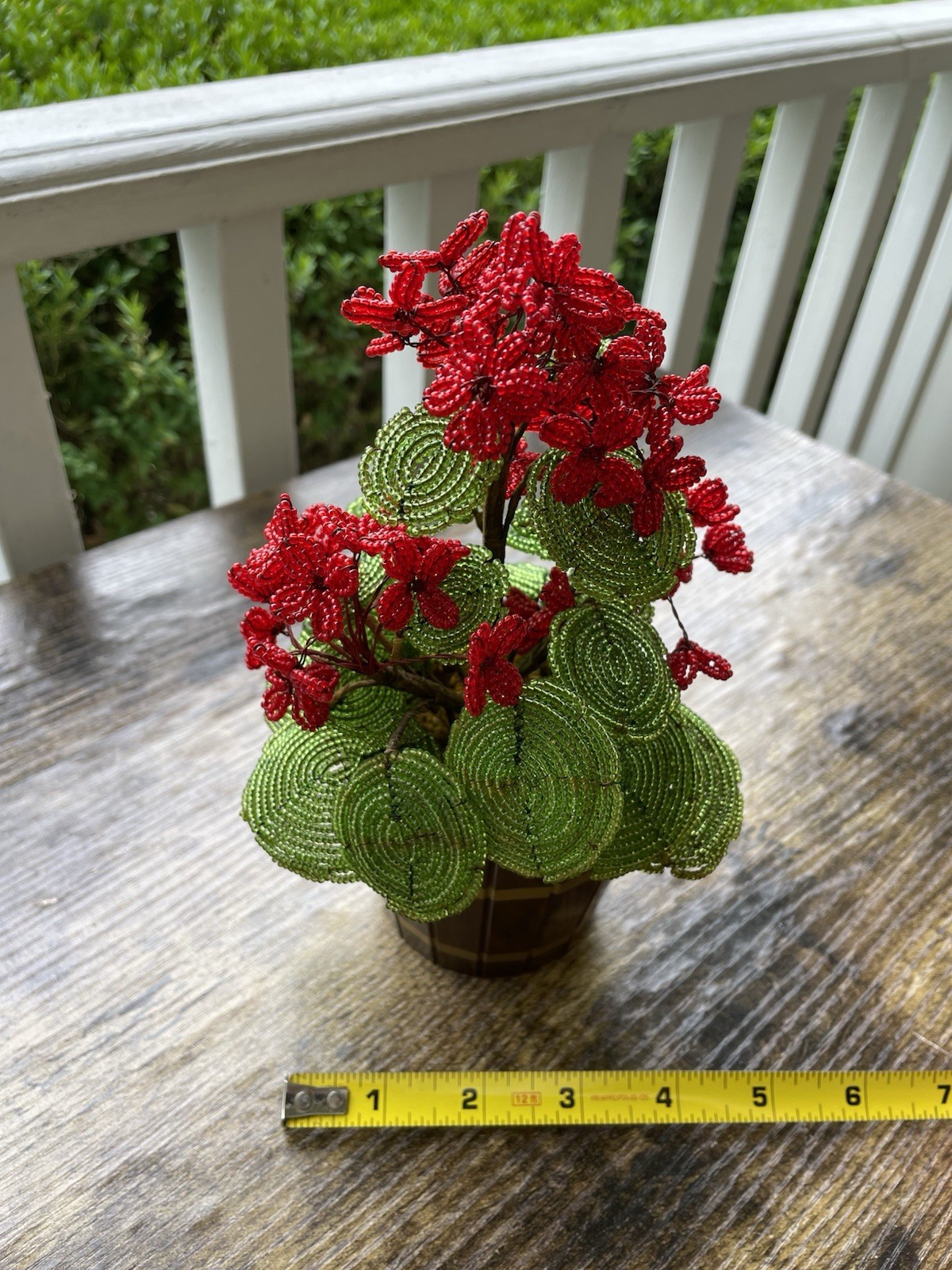 Vintage French Glass Seed Beaded Flowers Red Geranium Beaded Potted Arrangement