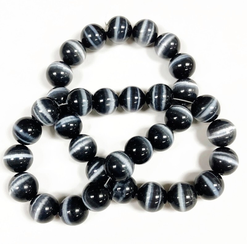 30 Cat’s Eye Fiber Optic Glass Jet Black 12mm. Smooth Round Beads 2612