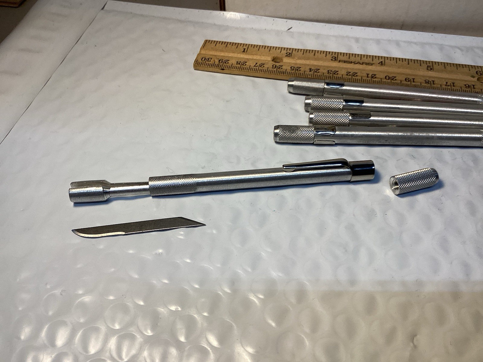 Vintage X-acto Type Aluminum Pen Style Knives W/Blades. Office, Crafts. Lot Of 5