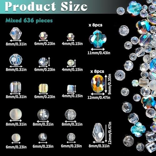 636Pcs Glass Beads for Jewelry Making, Assorted Crystal Beads with Loose Beads f