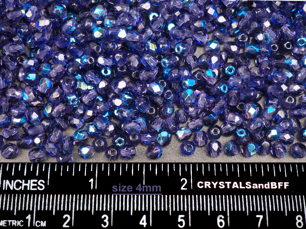 Czech Fire Polished Round Faceted Beads in Tanzanite AB coated, 16” deep purple