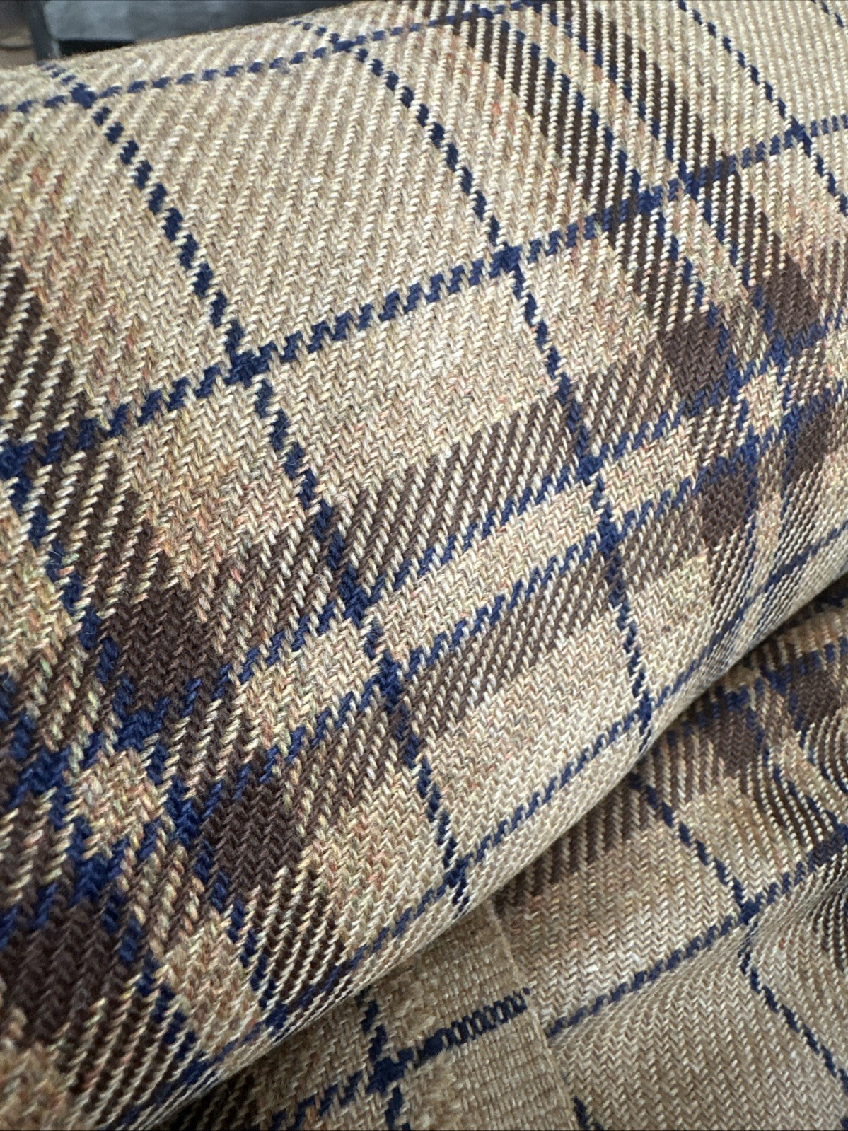 Vintage Fabric 3 1/4 Yards Blue Brown Plaid Wool Blend NOS 70’s
