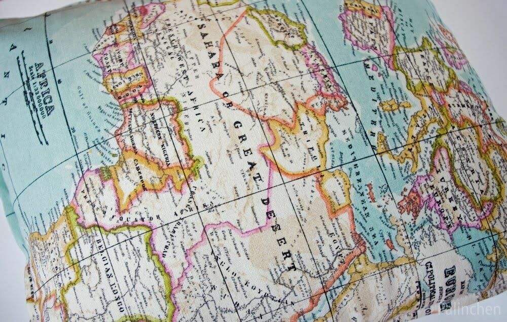 WORLD MAP 2 Globe Atlas Furnishing Fabric Cotton Material 55” wide SKY BLUE