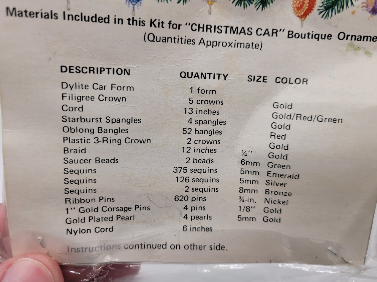 LeeWards CHRISTMAS CAR Auto Vehicle Vtg Sequin Bead Pinning DIY Ornament Kit