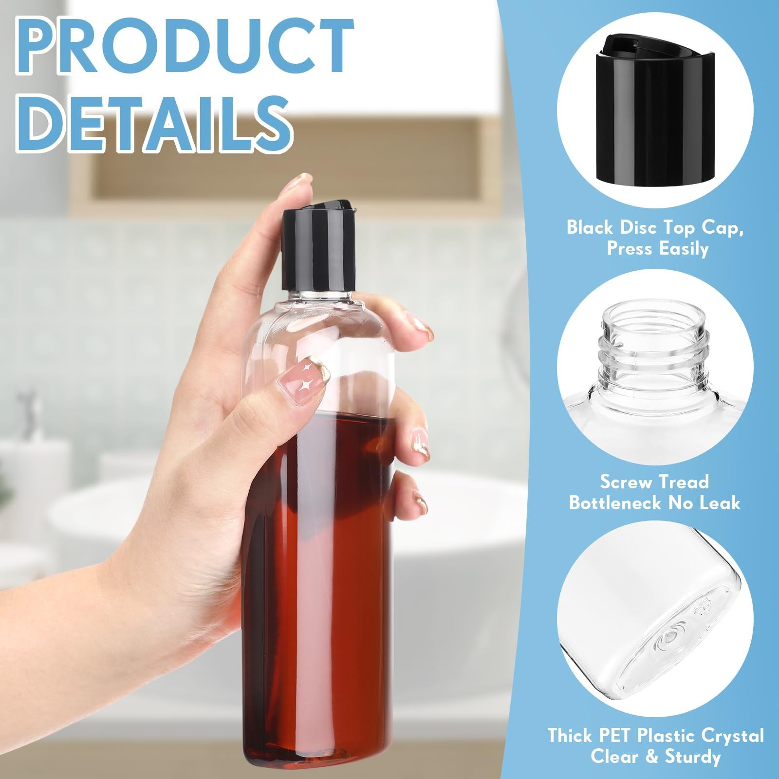 Domensi 24 Pcs 10oz Black Plastic Squeeze Travel Bottles with Disc Cap