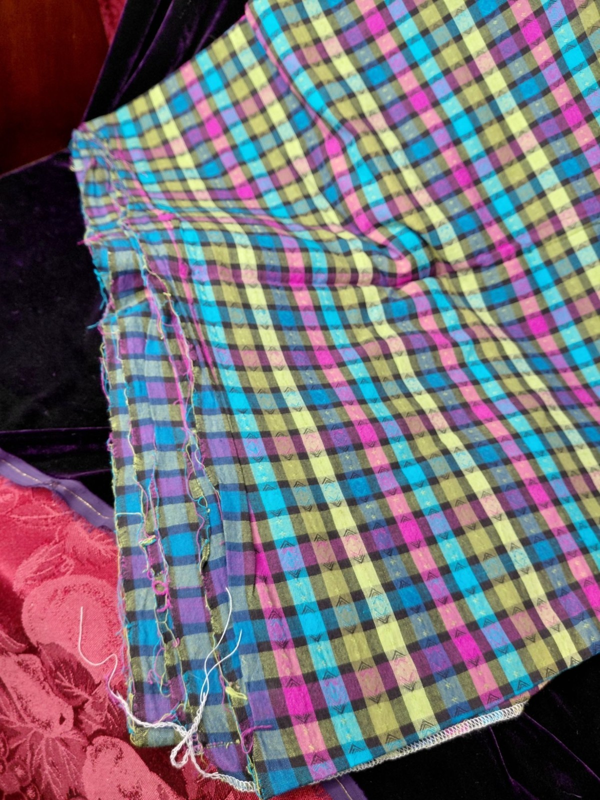 Jewel Tone Plaid Sew Fabric W/Small Arrow Pattern 4.5 Yards 45″ Wide Multicolor
